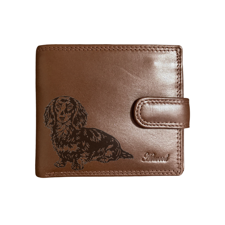 Personalised Longhaired Dachshund Sitting Engraved Dark Tan Genuine Leather Wallet