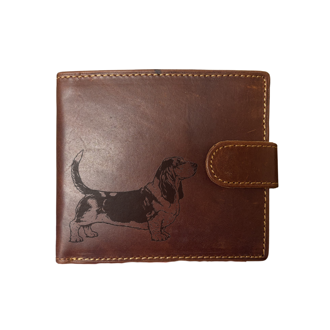 Personalised Basset Hound Standing Engraved Dark Tan Genuine Leather Wallet