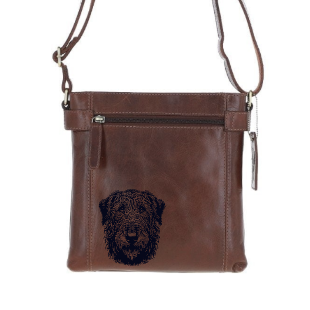 Irish Wolfhound Face Engraved Leather Two Section Zip Top Crossbody Bag