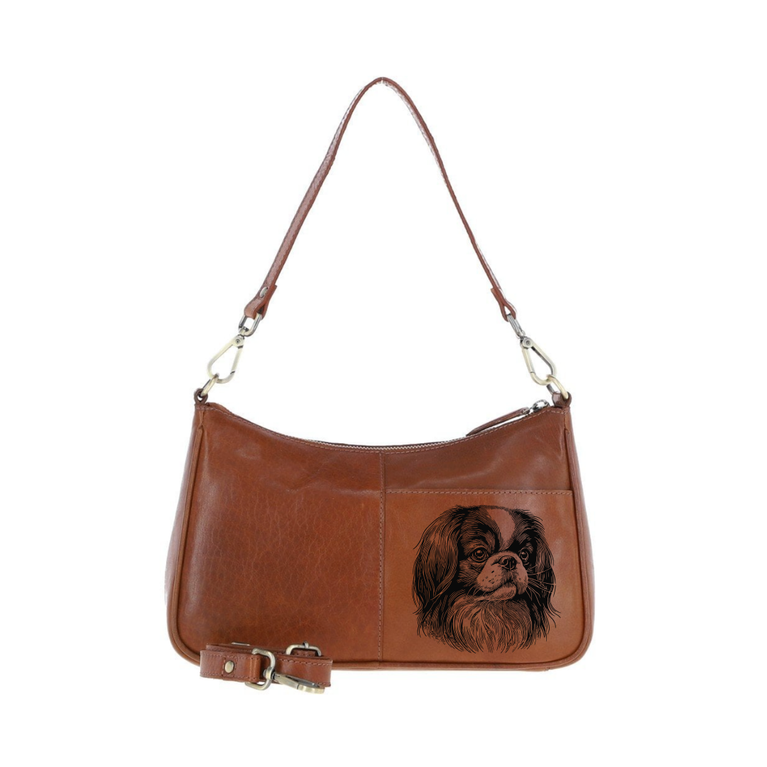 Japanese Chin Face Engraved Genuine Leather Shoulder Bag