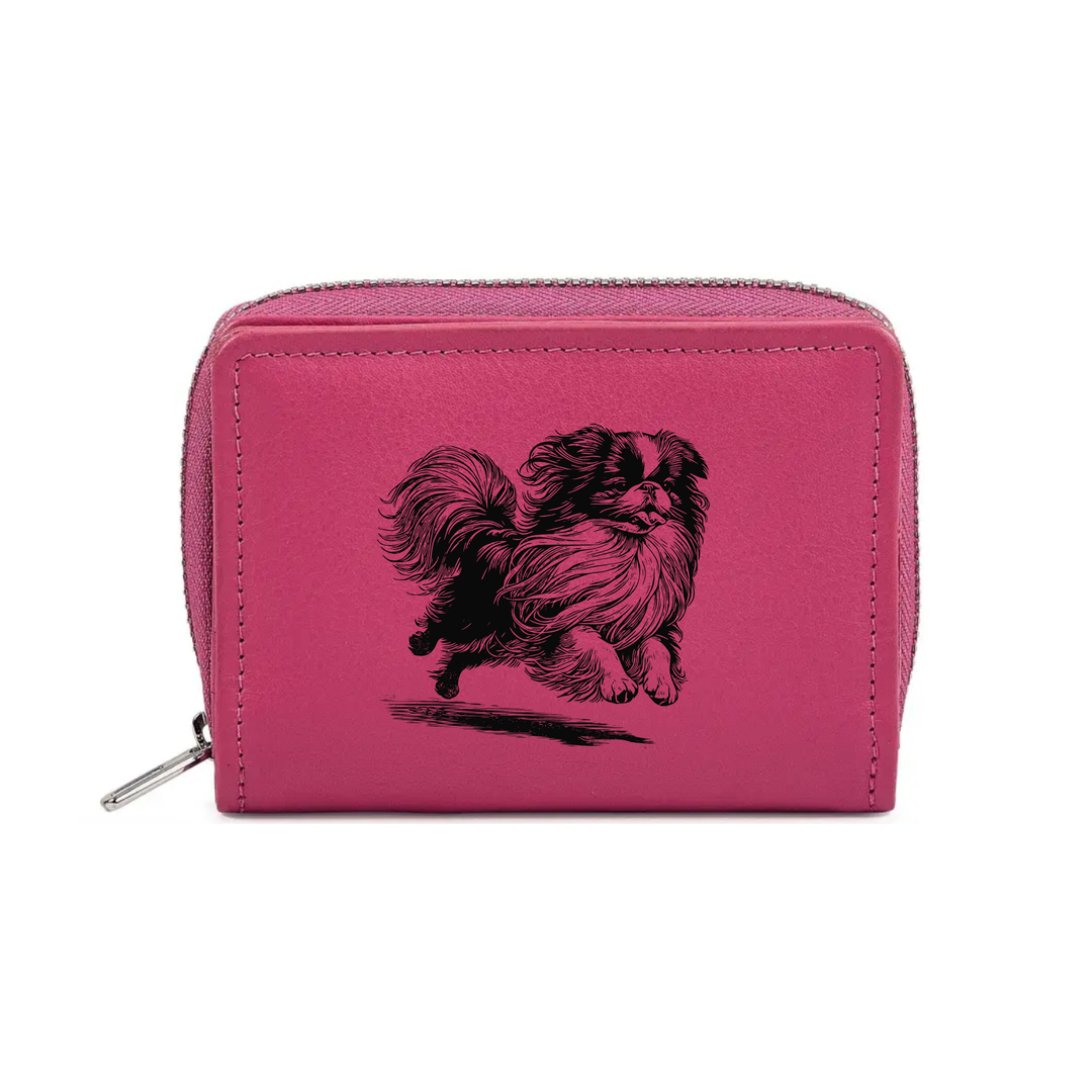 Japanese Chin Running Engraved Small Leather Purse (Green/Pink/Blue/Red)
