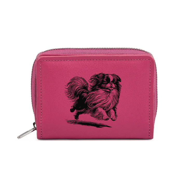 Japanese Chin Running Engraved Small Leather Purse (Green/Pink/Blue/Red)