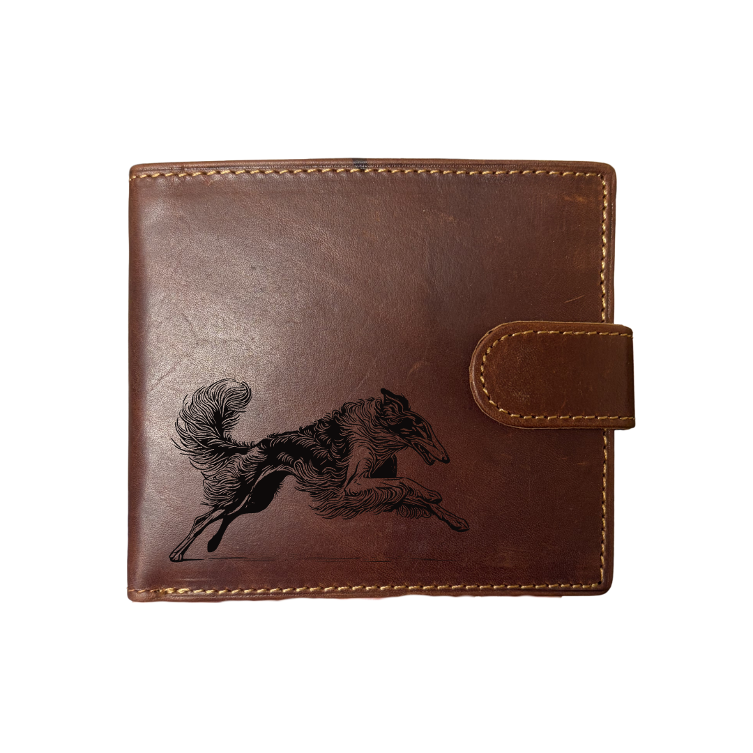 Personalised Borzoi Running Engraved Dark Tan Genuine Leather Wallet