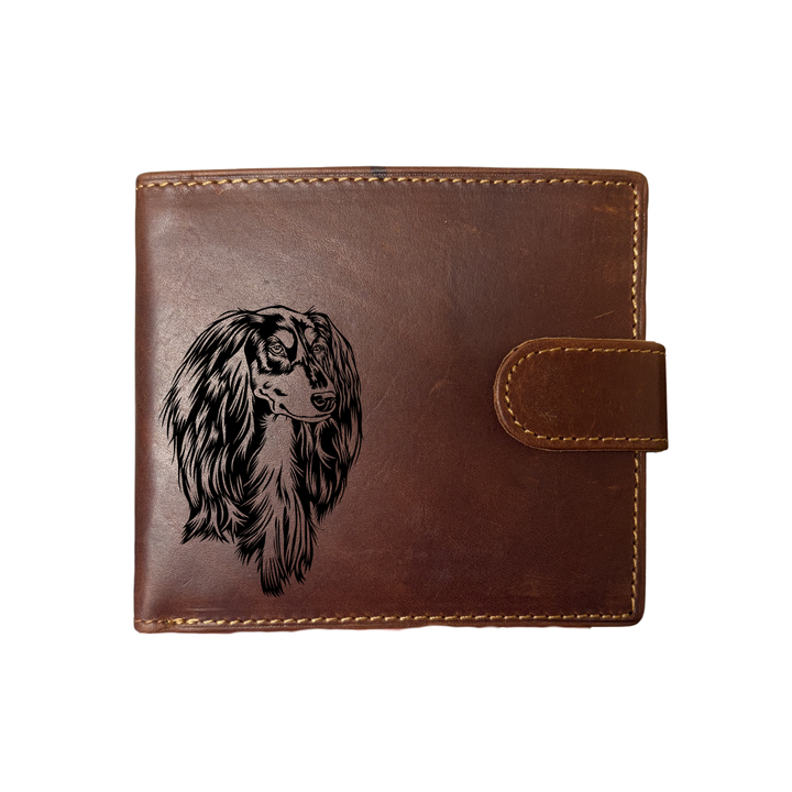Personalised Saluki Face Engraved Dark Tan Genuine Leather Wallet
