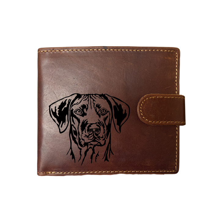 Personalised Rhodesian Ridgeback Face Engraved Dark Tan Genuine Leather Wallet