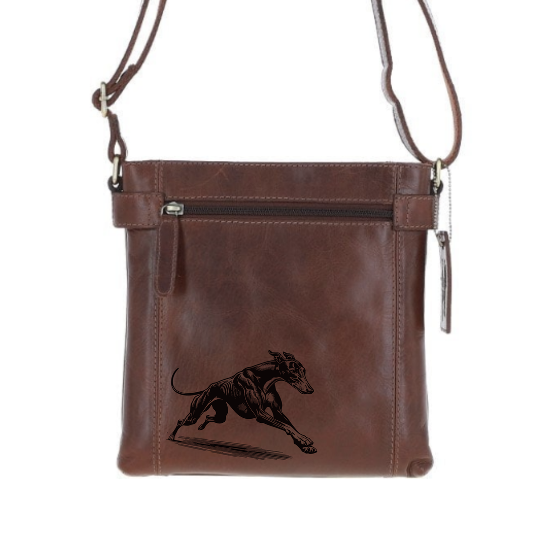 Greyhound Running Engraved Leather Two Section Zip Top Crossbody Bag