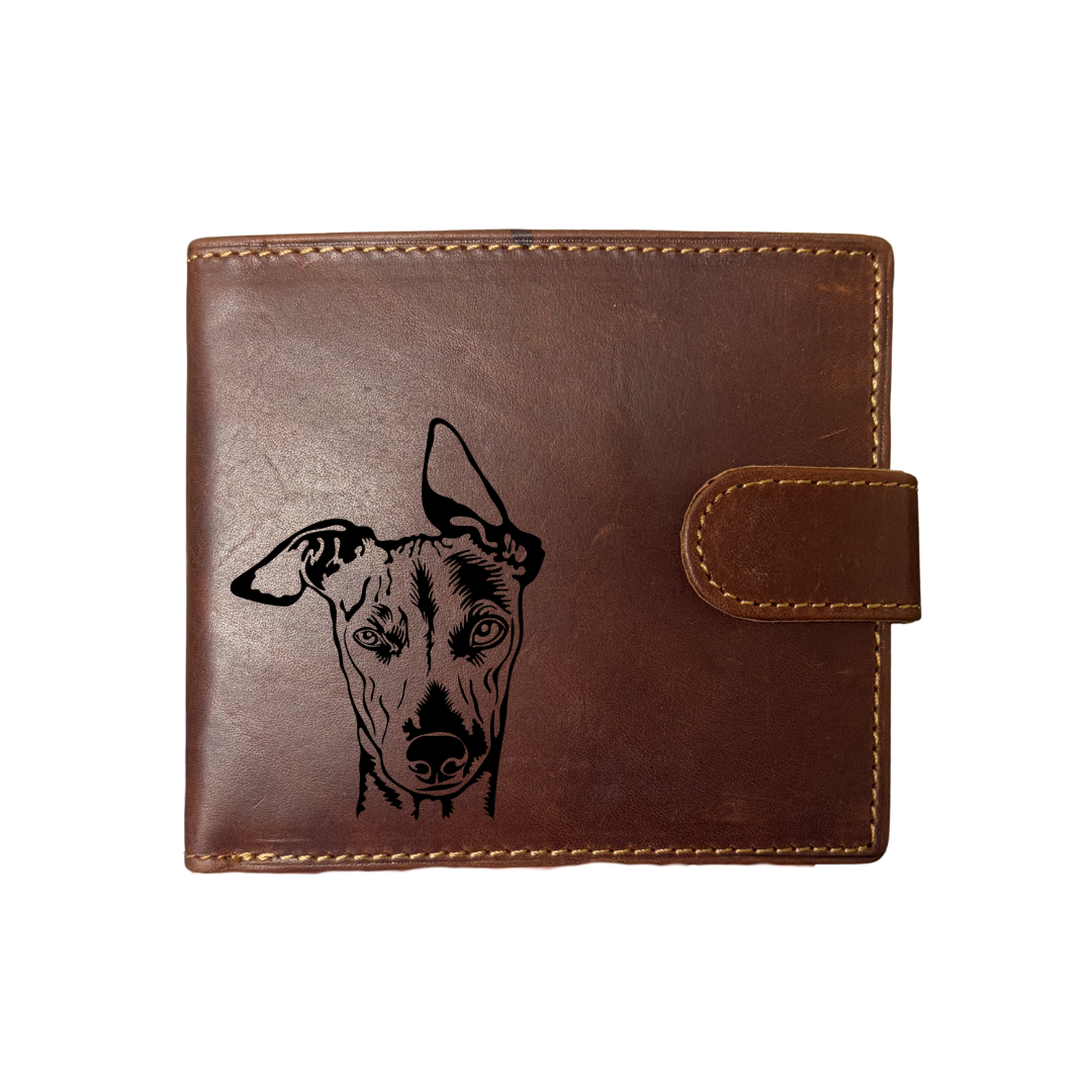 Personalised Whippet Face Engraved Dark Tan Genuine Leather Wallet