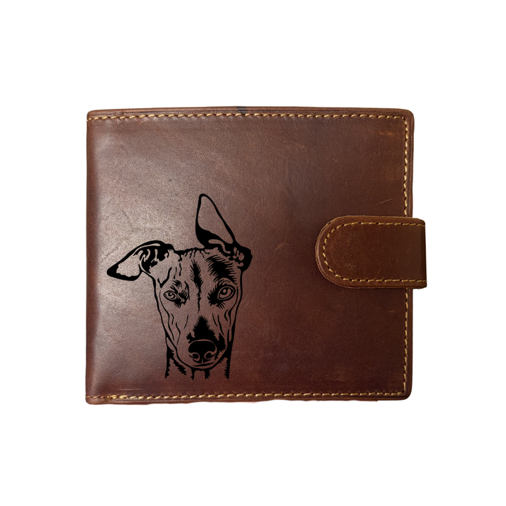 Personalised Whippet Face Engraved Dark Tan Genuine Leather Wallet