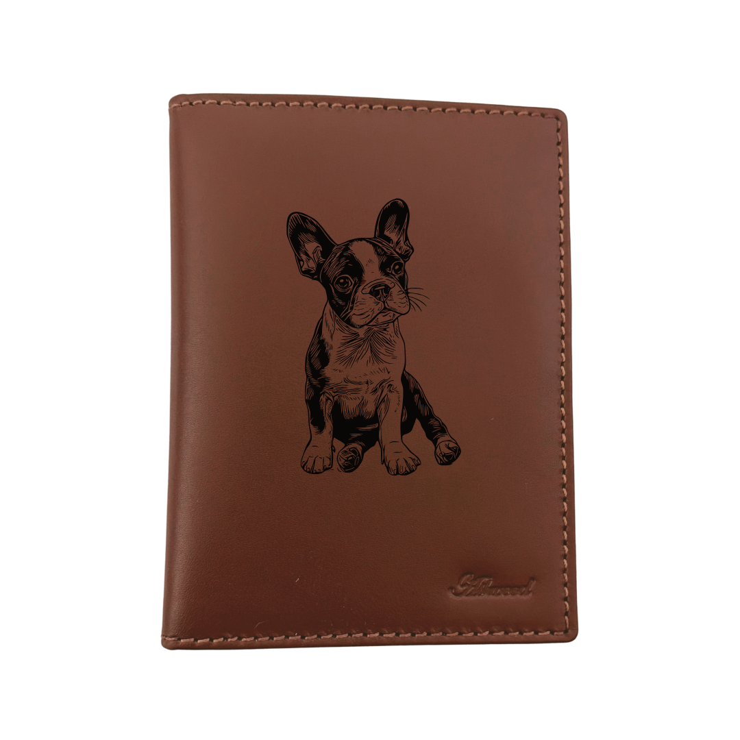 Boston Terrier Sitting Engraved Leather Passport Cover