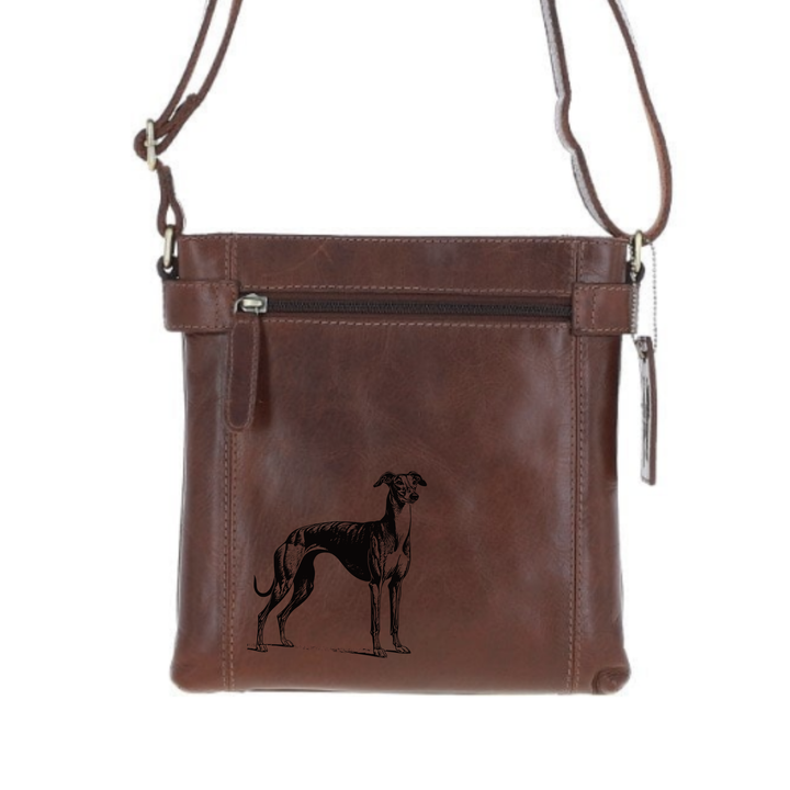Greyhound Standing Engraved Leather Two Section Zip Top Crossbody Bag