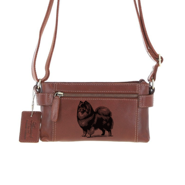 Personalised German Spitz Standing Engraved Small Leather Two Section Zip Top Crossbody Bag