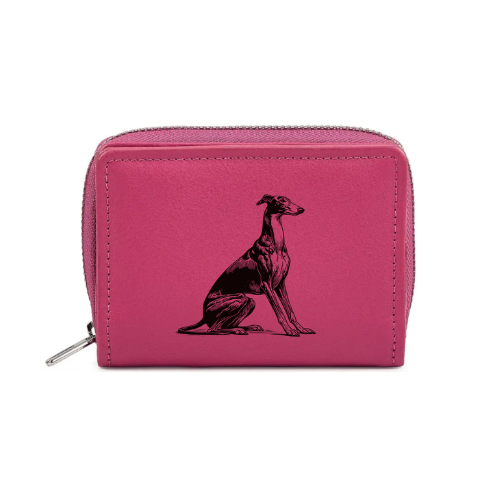 Greyhound Sitting Engraved Small Leather Purse (Green/Pink/Blue/Red)