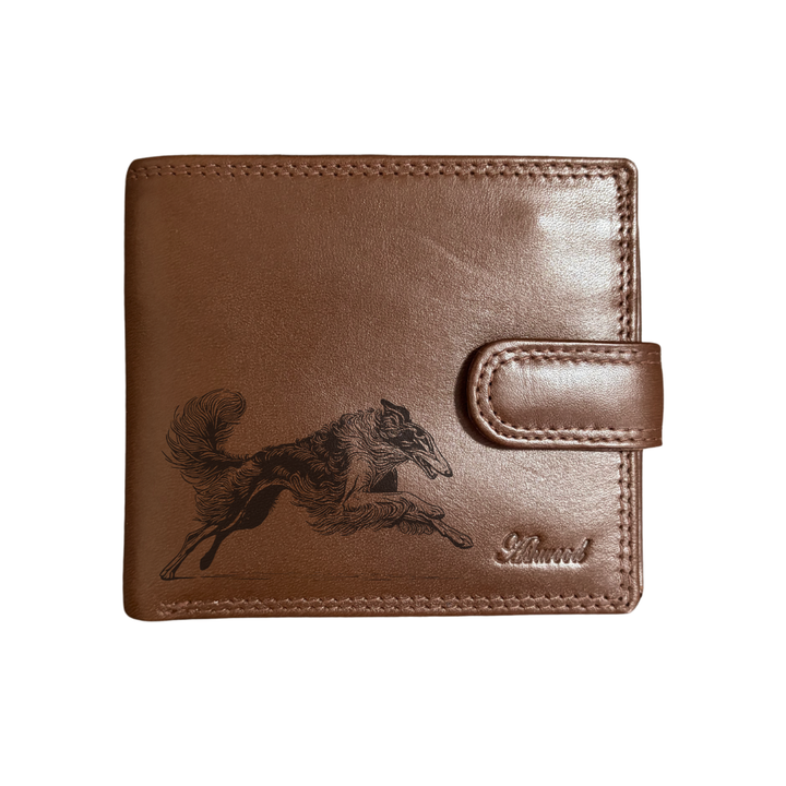 Personalised Borzoi Running Engraved Dark Tan Genuine Leather Wallet