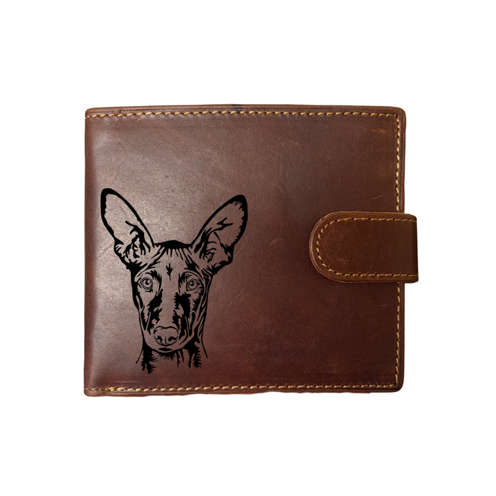 Personalised Pharaoh Hound Face Engraved Dark Tan Genuine Leather Wallet