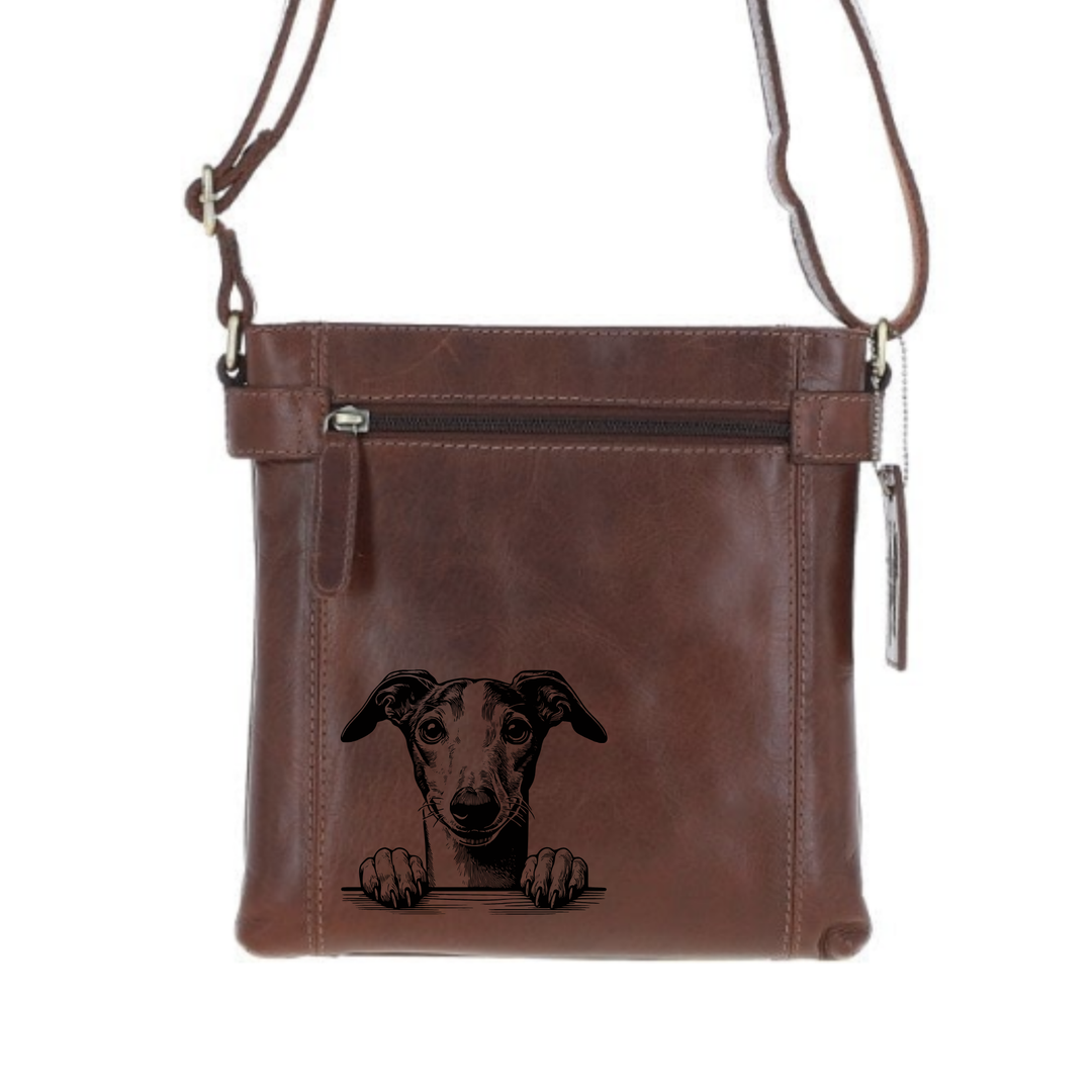 Greyhound Paws Engraved Leather Two Section Zip Top Crossbody Bag