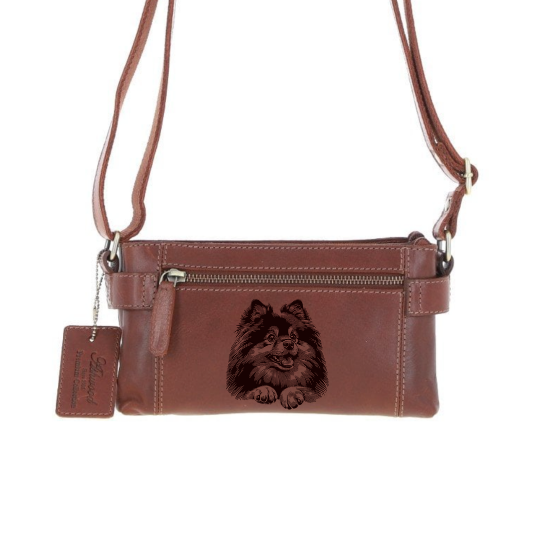 Personalised German Spitz Paws Engraved Small Leather Two Section Zip Top Crossbody Bag