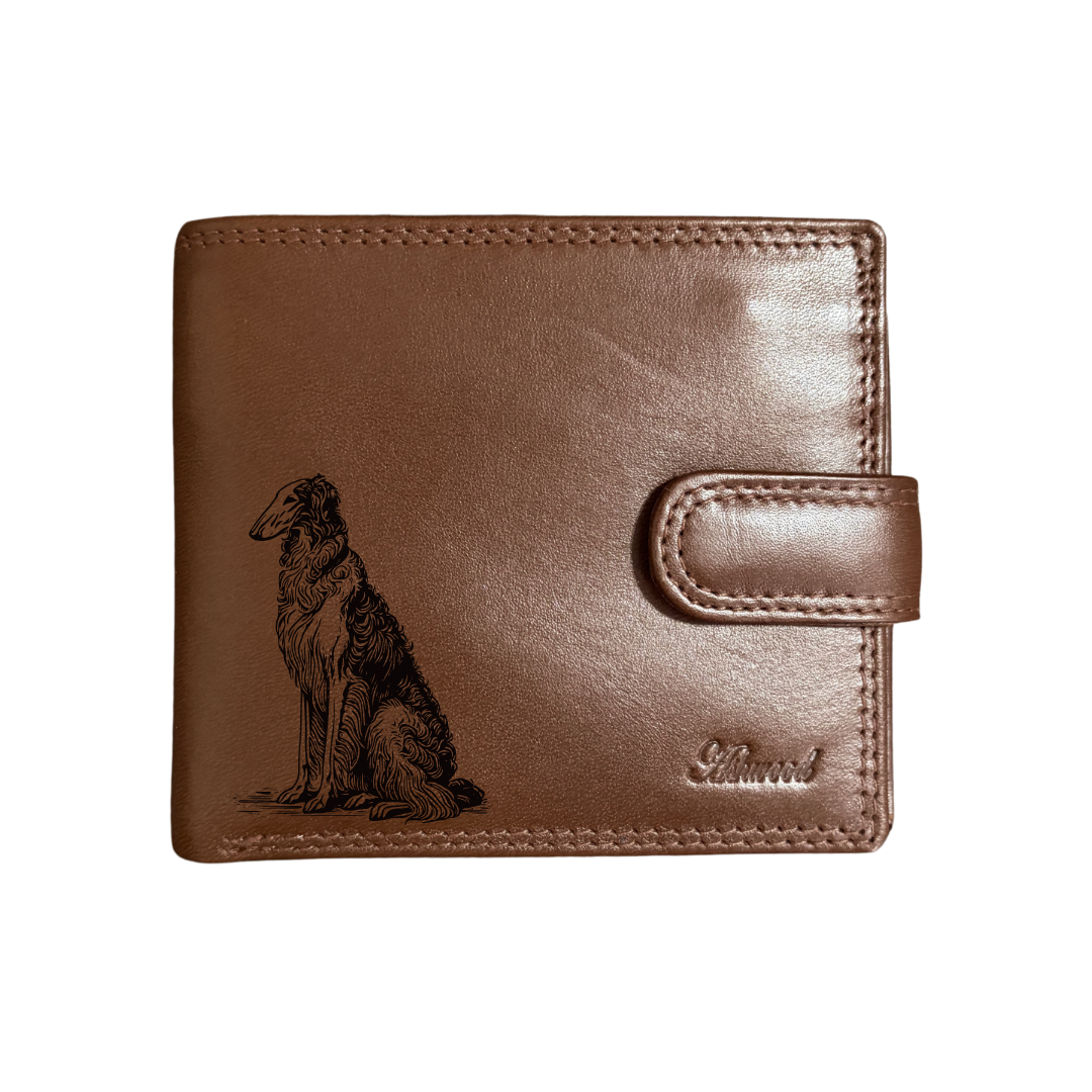 Personalised Borzoi Sitting Engraved Dark Tan Genuine Leather Wallet