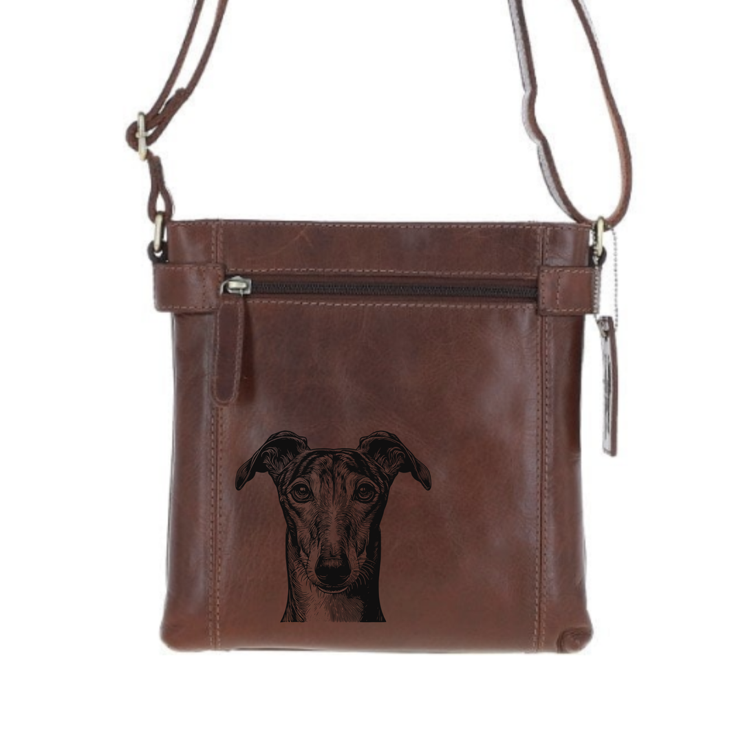 Greyhound Face Engraved Leather Two Section Zip Top Crossbody Bag