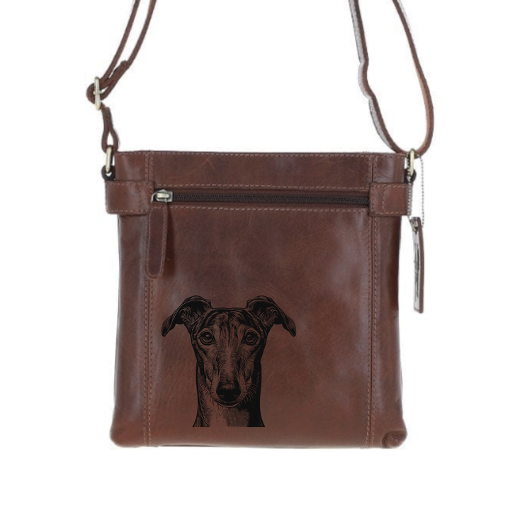 Greyhound Face Engraved Leather Two Section Zip Top Crossbody Bag