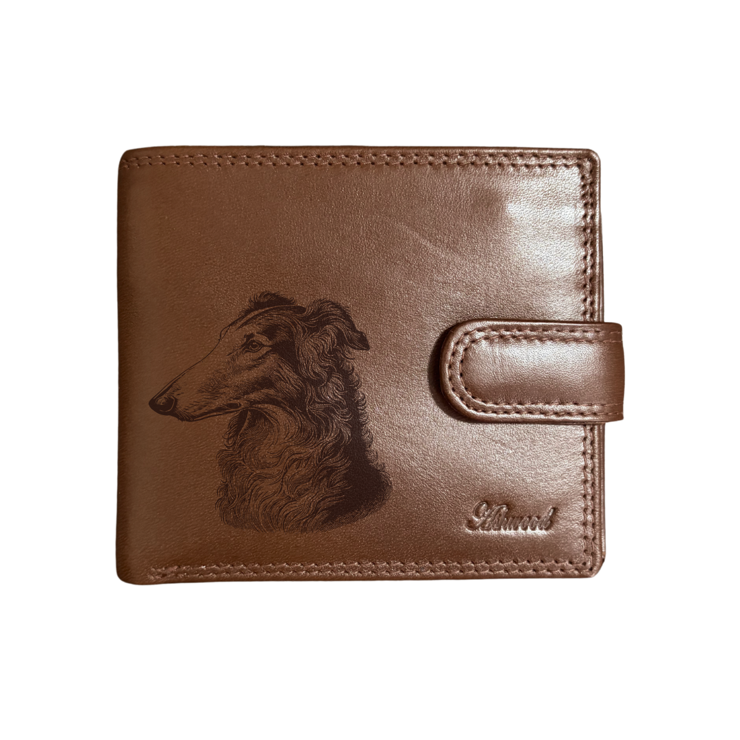 Personalised Borzoi Face Engraved Dark Tan Genuine Leather Wallet