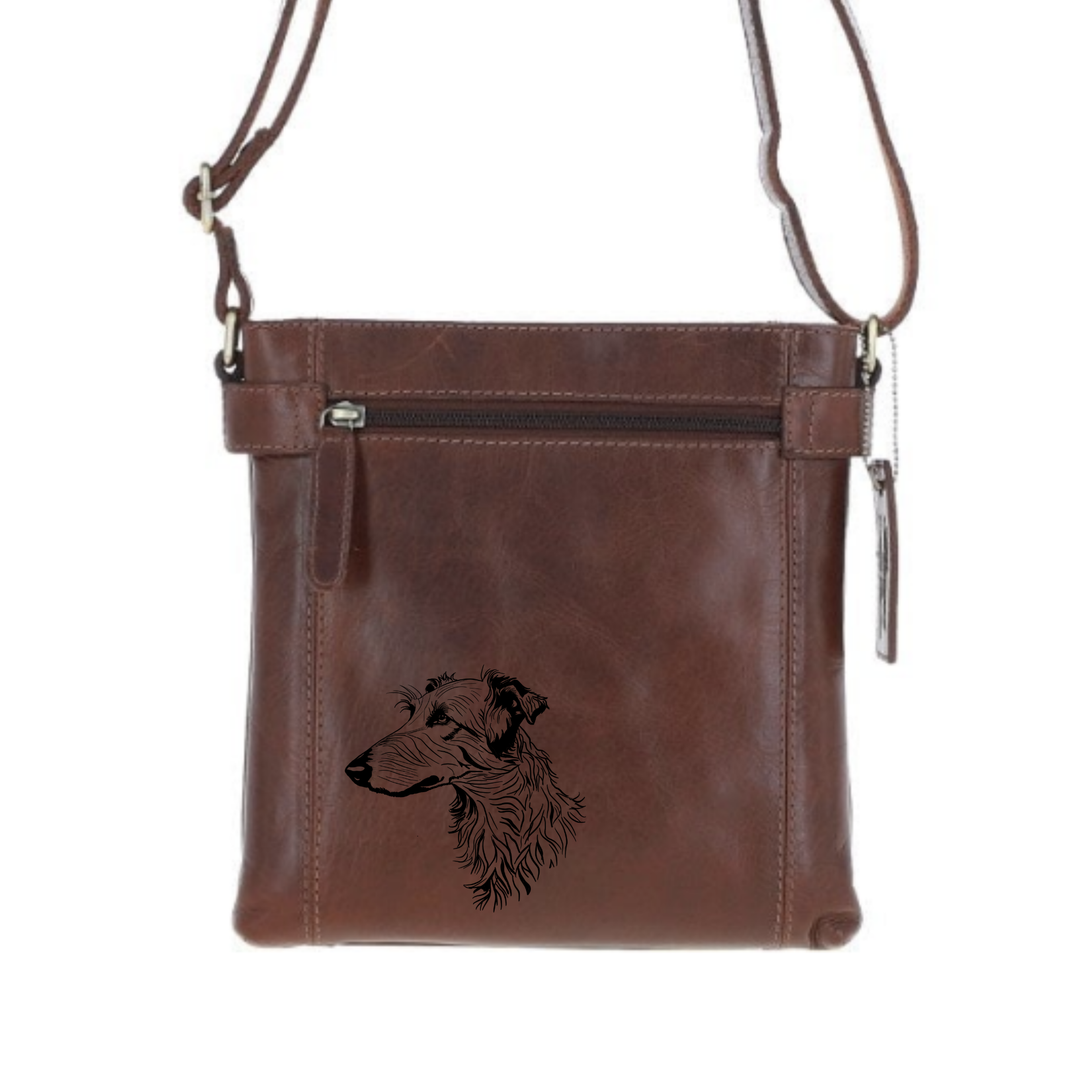Deerhound Engraved Leather Two Section Zip Top Crossbody Bag