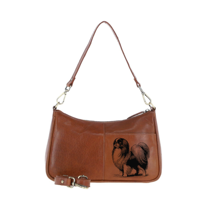 Japanese Chin Standing Engraved Genuine Leather Shoulder Bag
