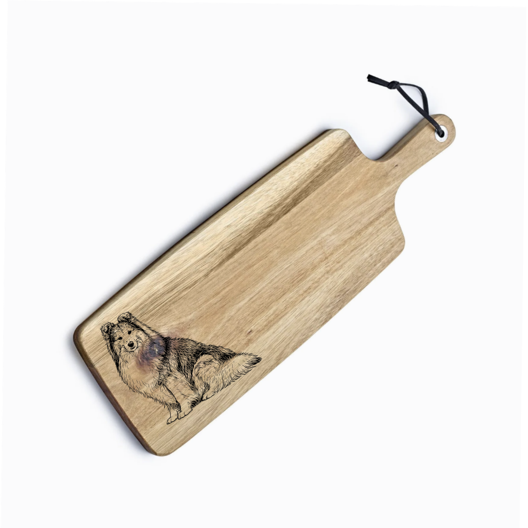 Personalised Shetland Sheepdog Sitting Engraved Acacia Serving Board