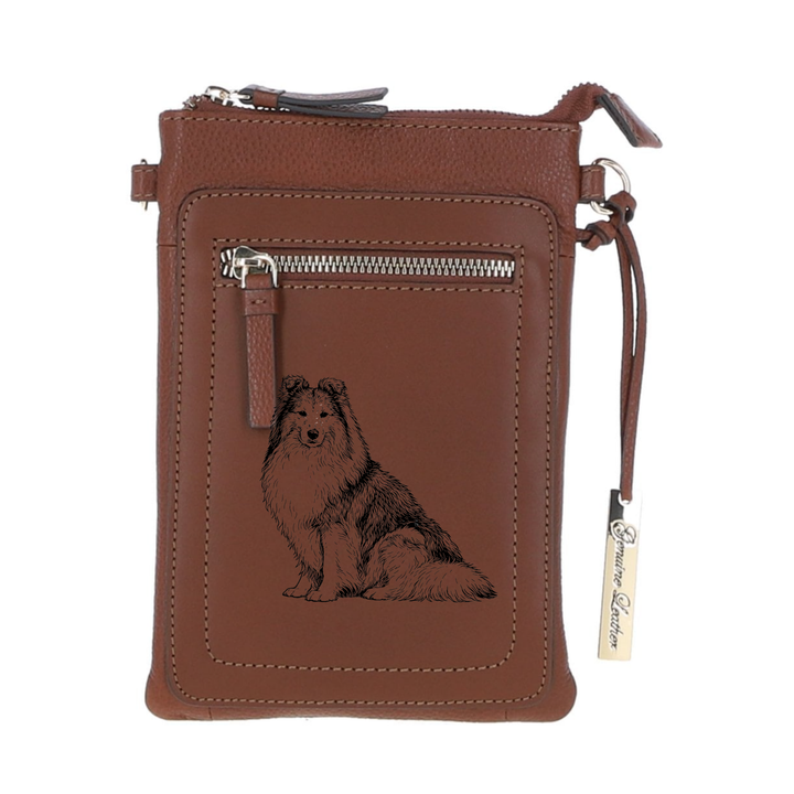 Personalised Shetland Sheepdog Sit Engraved Leather Crossbody Smart Phone Bag