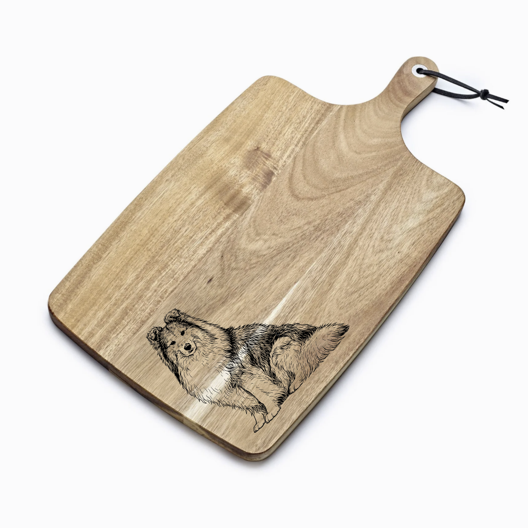 Personalised Shetland Sheepdog Sitting Engraved Acacia Serving Board