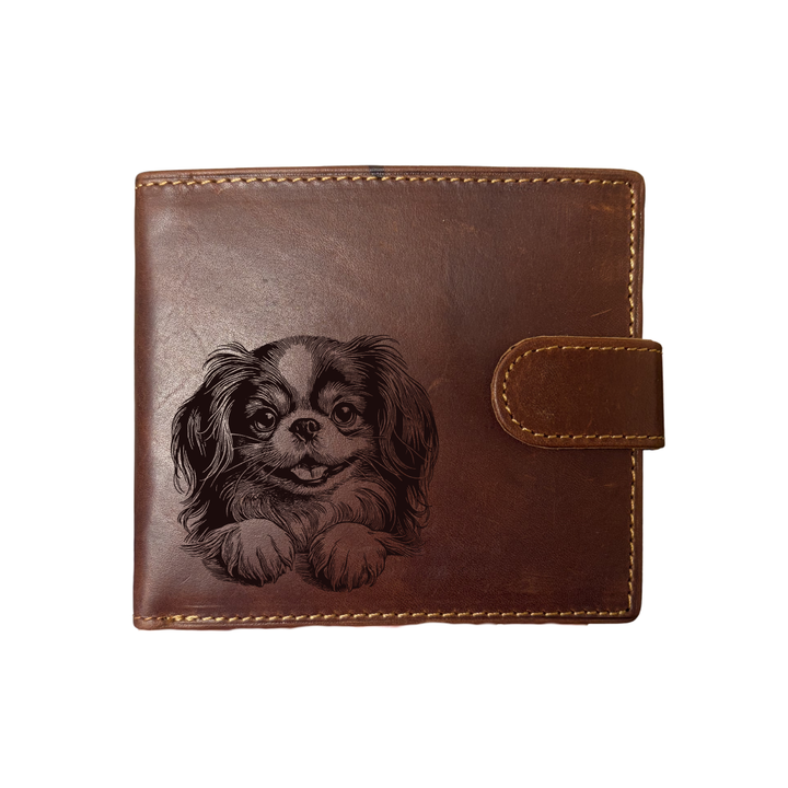 Personalised Japanese Chin Paws Engraved Dark Tan Genuine Leather Wallet