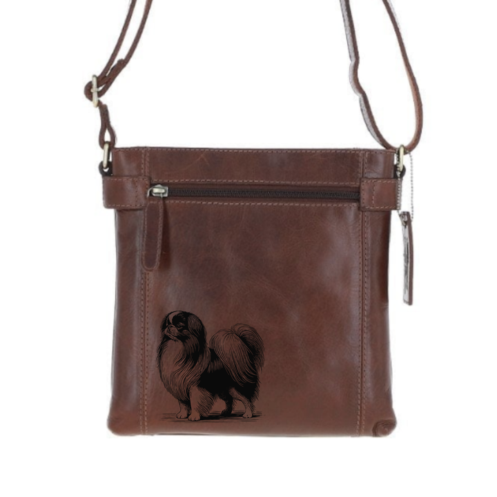 Japanese Chin Standing Engraved Leather Two Section Zip Top Crossbody Bag