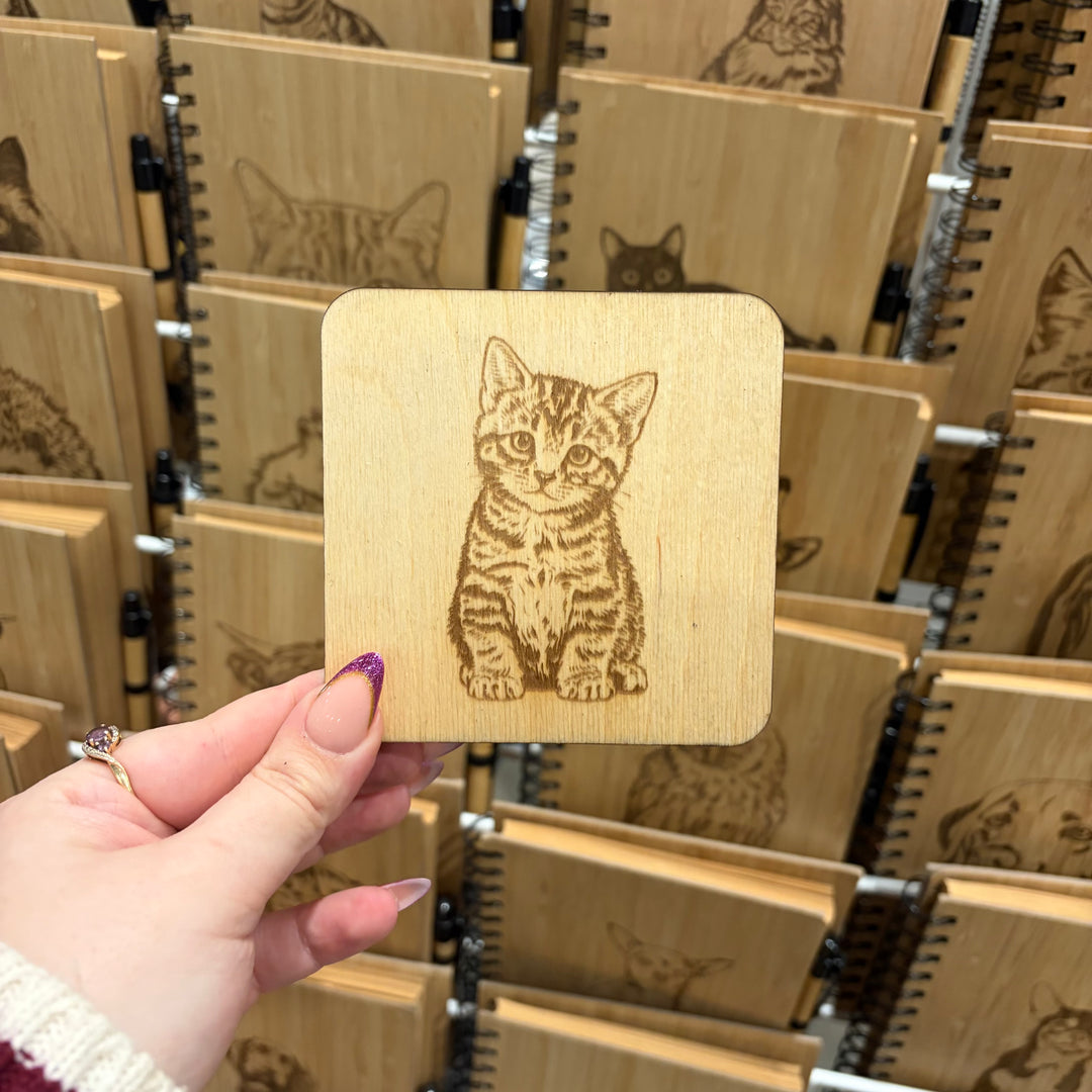 Tabby Cat Kitten Illustration Engraved Wooden Coaster