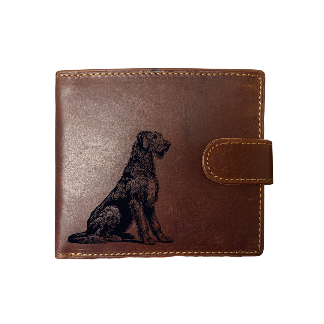 Personalised Irish Wolfhound Sitting Engraved Dark Tan Genuine Leather Wallet