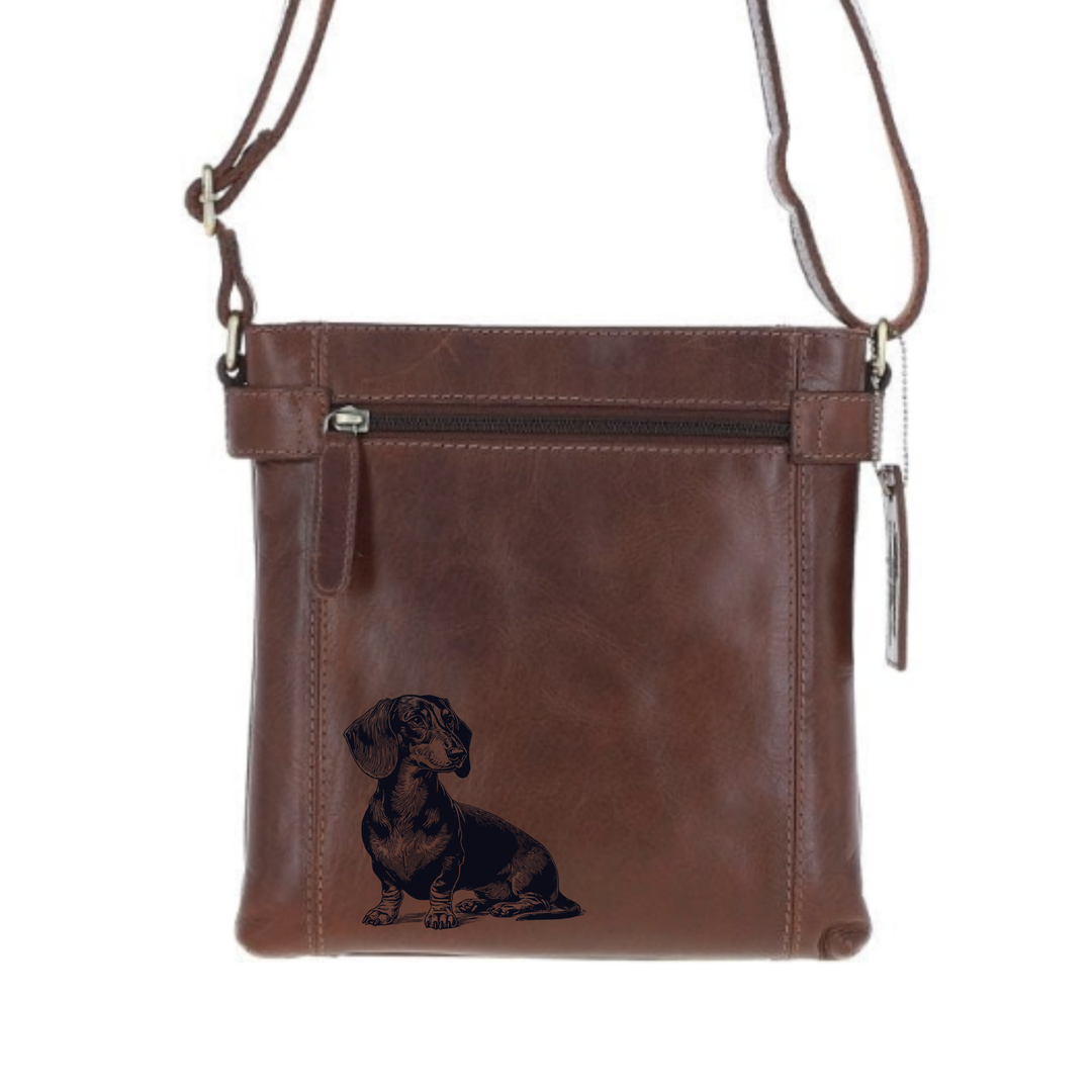 Dachshund Sitting Engraved Leather Two Section Zip Top Crossbody Bag