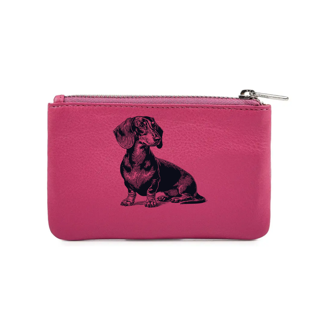 Dachshund Sitting Engraved Genuine Leather Coin Purse (Multiple Colour Options)