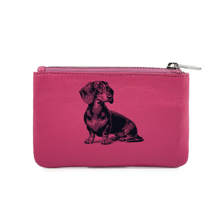 Dachshund Sitting Engraved Genuine Leather Coin Purse (Multiple Colour Options)