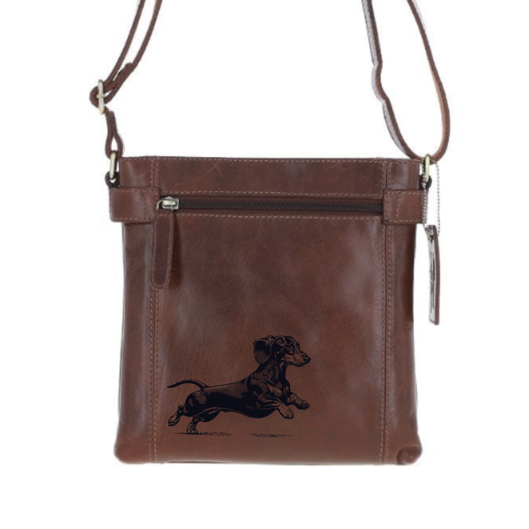 Dachshund Running Engraved Leather Two Section Zip Top Crossbody Bag