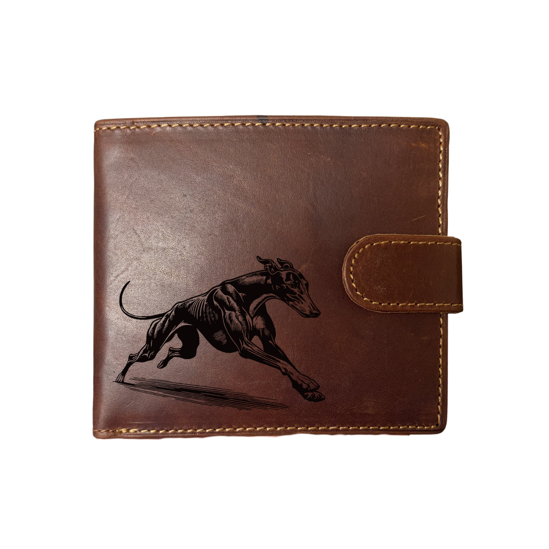 Personalised Greyhound Running Engraved Dark Tan Genuine Leather Wallet