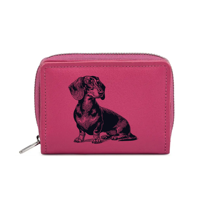 Dachshund Sitting Engraved Small Leather Purse (Green/Pink/Blue/Red)