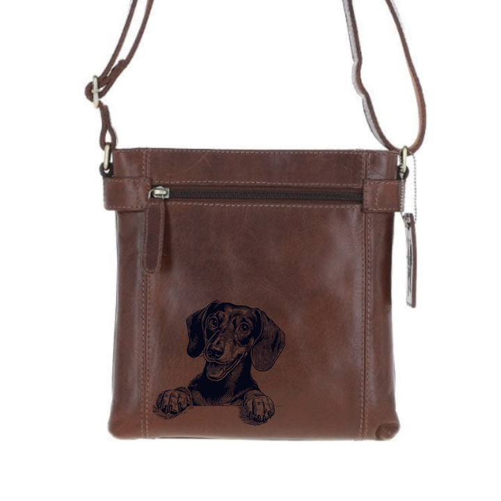 Dachshund Paws Engraved Leather Two Section Zip Top Crossbody Bag