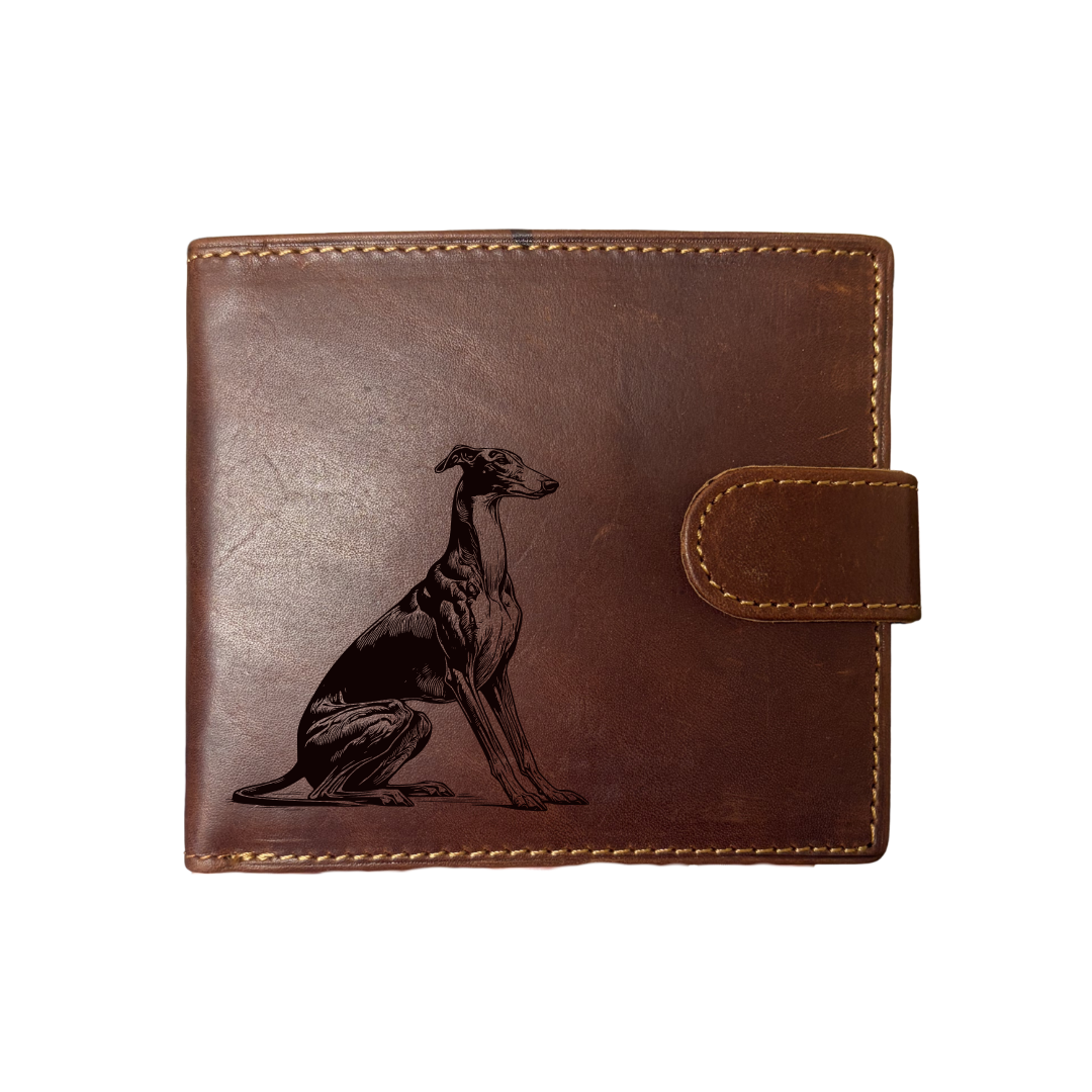 Personalised Greyhound Sitting Engraved Dark Tan Genuine Leather Wallet