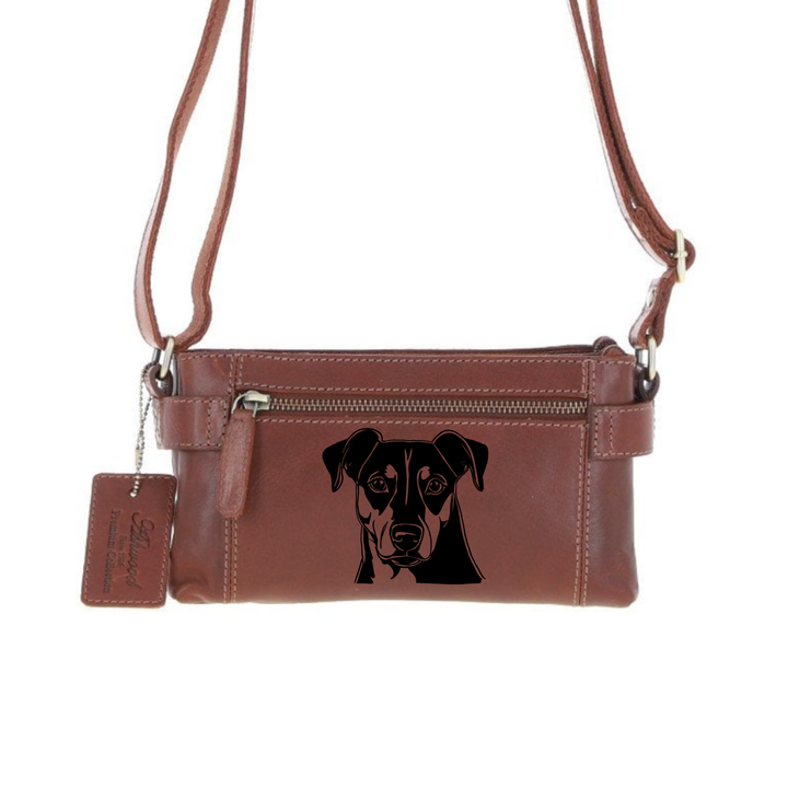 Personalised German Pinscher Face Engraved Small Leather Two Section Zip Top Crossbody Bag