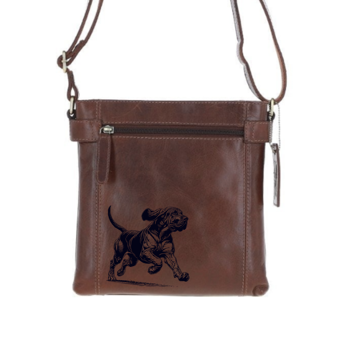 Bloodhound Running Engraved Leather Two Section Zip Top Crossbody Bag