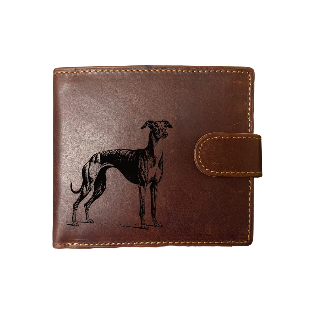 Personalised Greyhound Standing Engraved Dark Tan Genuine Leather Wallet