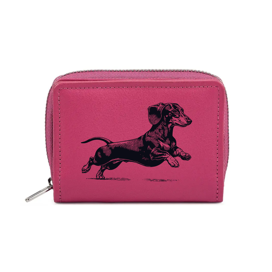Dachshund Running Engraved Small Leather Purse (Green/Pink/Blue/Red)