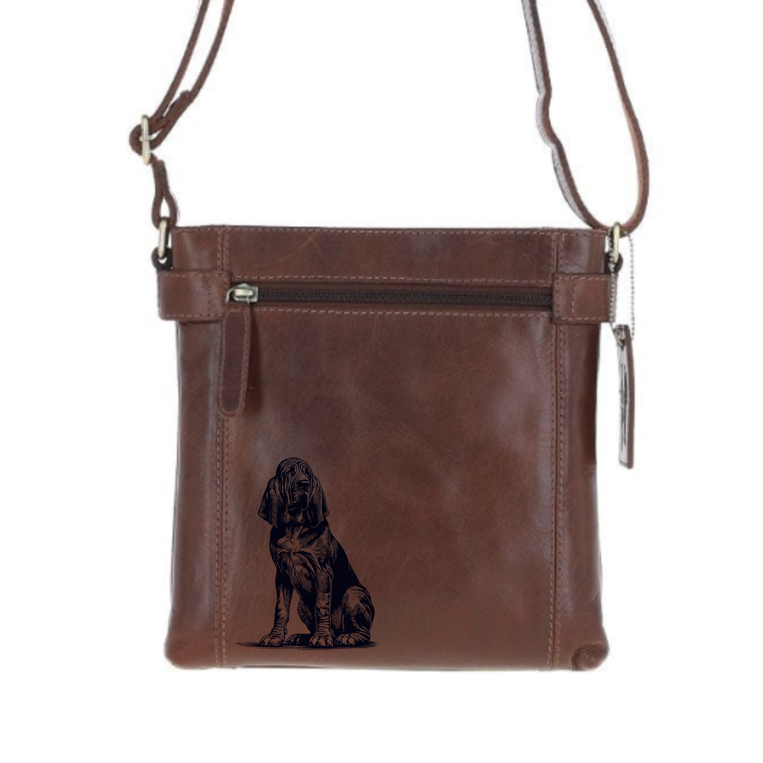Bloodhound Sitting Engraved Leather Two Section Zip Top Crossbody Bag