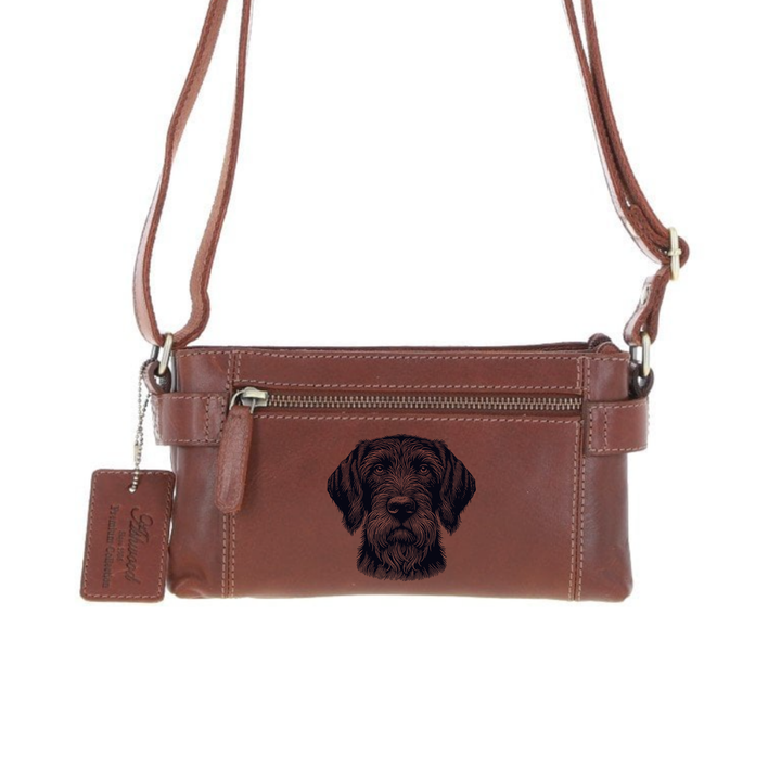 Personalised German Wirehaired Pointer Face Engraved Small Leather Two Section Zip Top Crossbody Bag