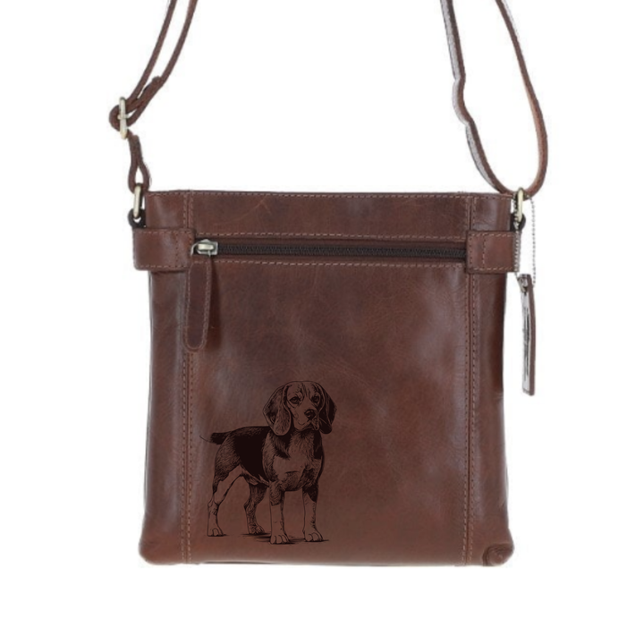 Beagle Standing Engraved Leather Two Section Zip Top Crossbody Bag