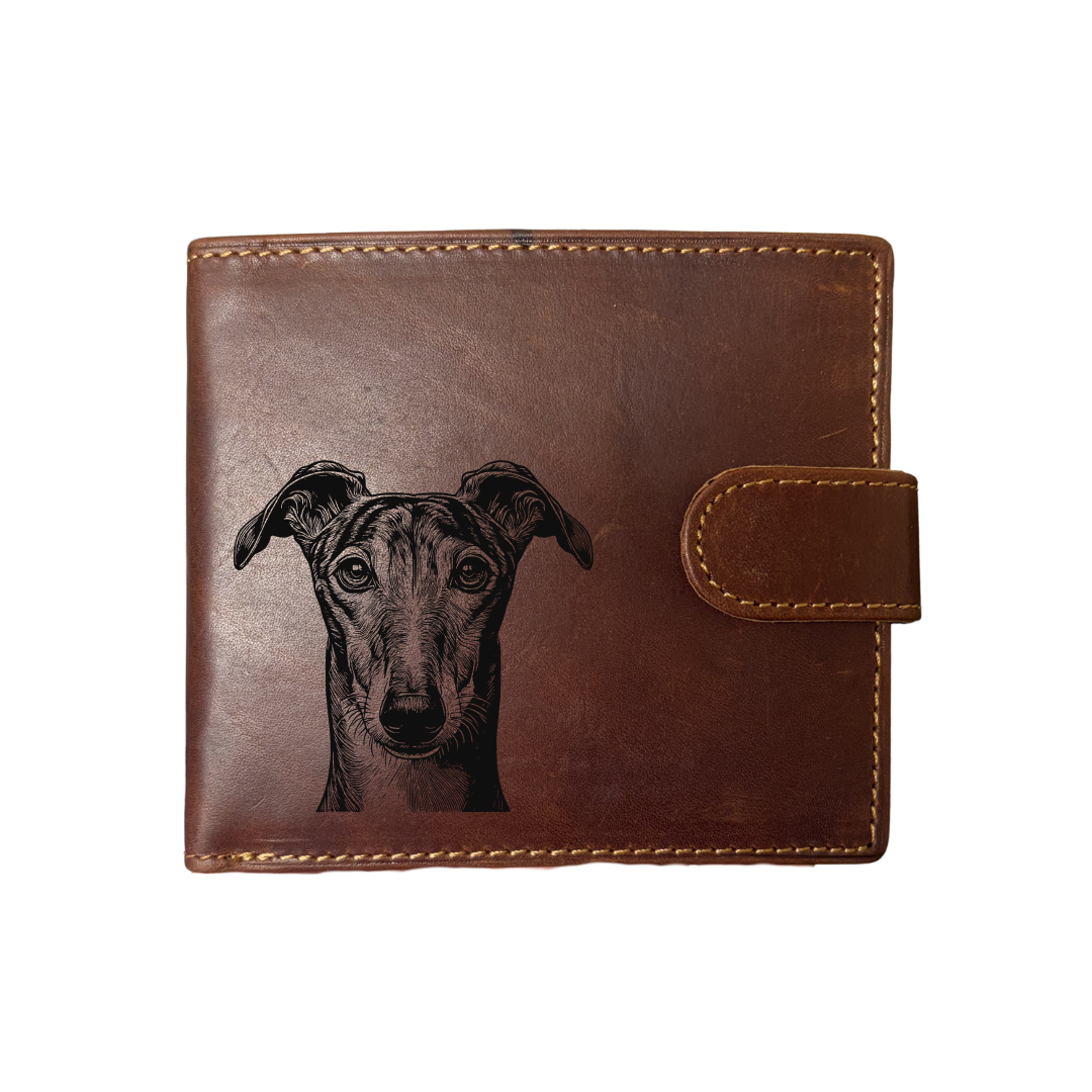 Personalised Greyhound Face Engraved Dark Tan Genuine Leather Wallet
