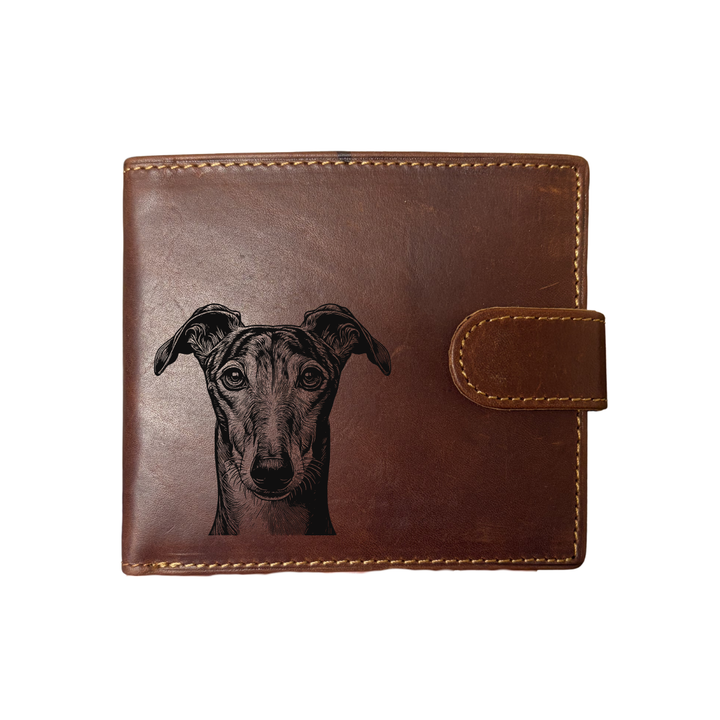 Personalised Greyhound Face Engraved Dark Tan Genuine Leather Wallet